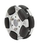 Front view of 60mm aluminium alloy omni wheel with six black rollers and mounting holes.