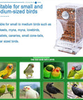 No Mess Premium Clear Acrylic Bird Cage Feeder Two Pack featuring sturdy perch and spill proof seed hopper for small birds.