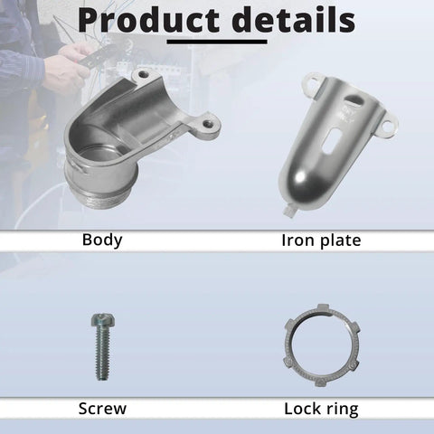 2 Pack 3/4 Inch Flexible Metal Conduit Elbow 90 Degree Squeeze Connector Heavy Duty Toolless Wiring Joint parts: body, iron plate, screw, lock ring