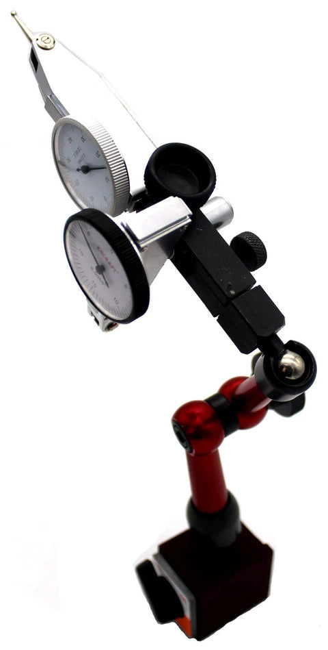 KHCRAFT mini magnetic base indicator holder with dial indicator, 50 lb capacity, red base