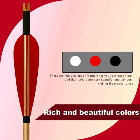 33 Inch Handmade Wooden Archery Arrows Set With Turkey Feather Fletching, red feather detail, color options.