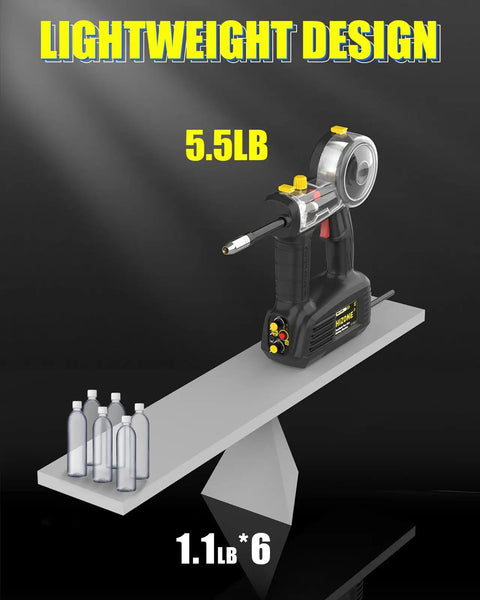 Compact 110V MIG Welder With 100A Flux Core on display showcasing its 5.5 lb lightweight design for DIY projects.