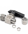 Front view of YTUANXSALOUE stainless steel needle valve (304) with compression fittings and black mounting lever