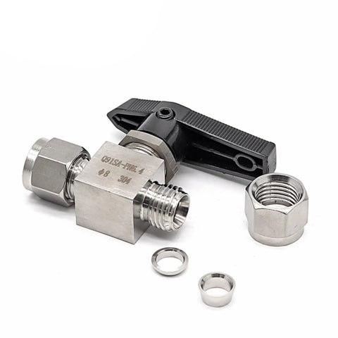 Front view of YTUANXSALOUE stainless steel needle valve (304) with compression fittings and black mounting lever