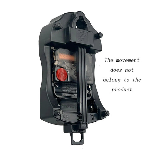 Black Quartz Pendulum Clock Movement Drive Unit Replacement Part for DIY Wall Clocks, ABS Metal Construction, Close-up View.