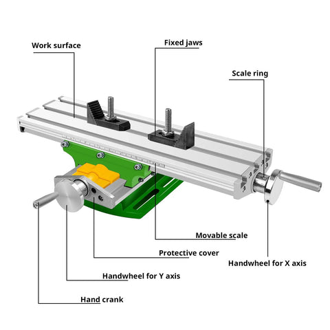 Cross Slide Milling Table With X-Y Axis Precision, Dovetail Grooves, And M10 Screw, labels on components for mini drill press
