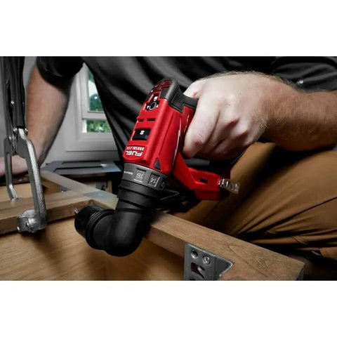 Close-up of All Metal Brushless Cordless Drill Driver And Screwdriver Kit With Offset Attachment in use, drilling into wood.