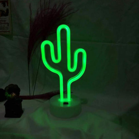 Cactus Neon Night Light With Pedestal LED Sign For Kids Room And Bedroom Decor, Battery Or USB Operated, glowing green light