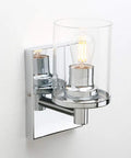 Super Cool Vintage Style One Light Wall Sconce with clear glass shade and metal base in chrome, perfect for bathroom or hallway lighting.