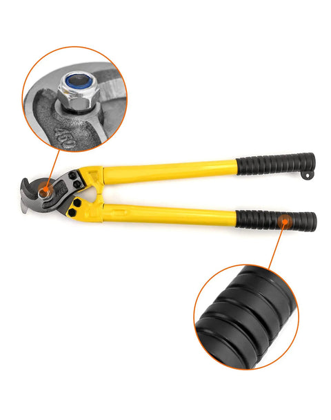 Beefy 18 Inch Heavy Duty Hardened Cable Cutter with stainless steel blades and ergonomic handle, close-up on grips