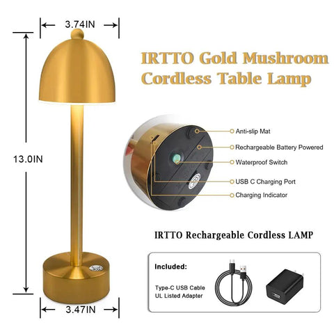 Gold Mushroom Battery Powered Cordless Table Lamp With 3 Way Dimmable Touch Sensor Industrial Rechargeable Portable Desk Light