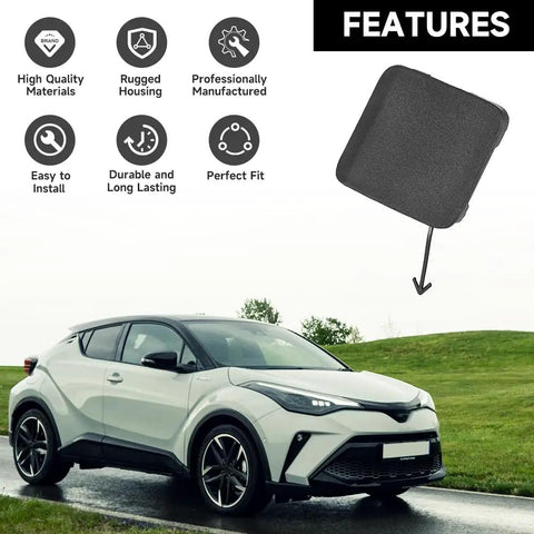 Toyota C HR Front Left Bumper Tow Hook Cover Cap Unpainted 2020-2022 with feature icons and car background