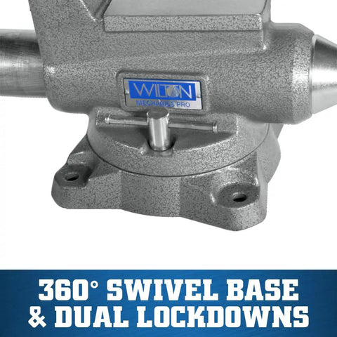 Mechanics Pro Bench Vise With Six And A Half Inch Jaw Width And Six Inch Jaw Opening For Precise Grips And Heavy Duty Metalworking Four And Three Eighth Inch Throat Sixty Thousand PSI Ductile Iron Construction With Enclosed Spindle And Needle Roller For 360° swivel base
