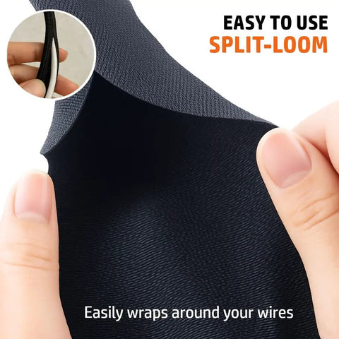 Split Sleeve Wire Loom For High Temp Automotive Harness And Home Cables, 25 Feet Long, black woven mesh close-up