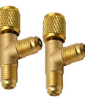 1/4 Inch SAE AC Valve Core Tee Adapter With Brass Swivel Connector For HVAC Line Repair, shown in brass with two ends