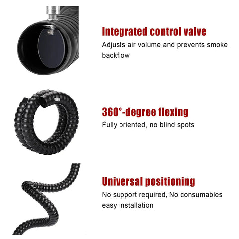 Flexible Air Duct Collector Arm With Hood For Smoke And Dust Extraction Pro-Grade 1.5M Length 100MM ID shown with control valve