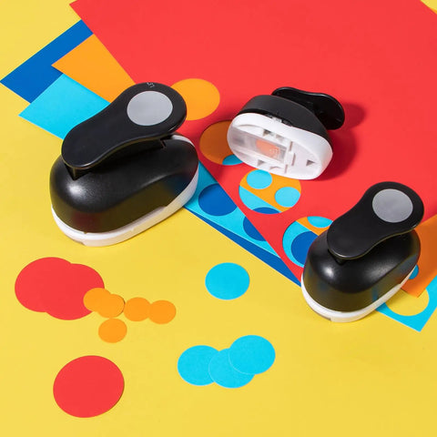 Three Pack Circle Punches Set For Paper Crafts 1.5 Inch, 1 Inch, And 0.6 Inch Round Hole Punches with colorful paper pieces