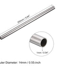 uxcell 304 stainless steel tube, 14mm OD x 1mm wall, 250mm length; side view with cross-section inset