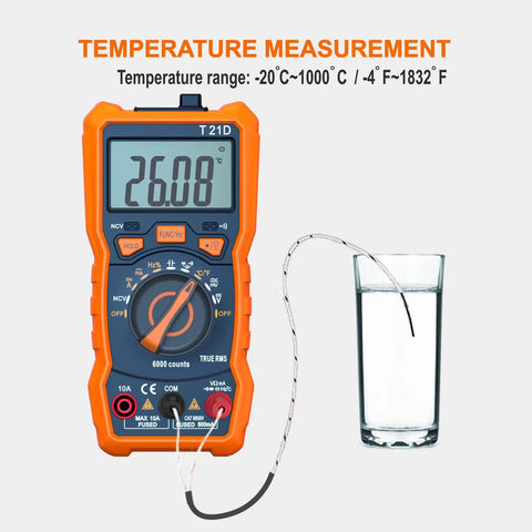 Auto Ranging Pro Grade Digital Multimeter with TRMS 6000 Counts measuring temperature with probe in a glass of water