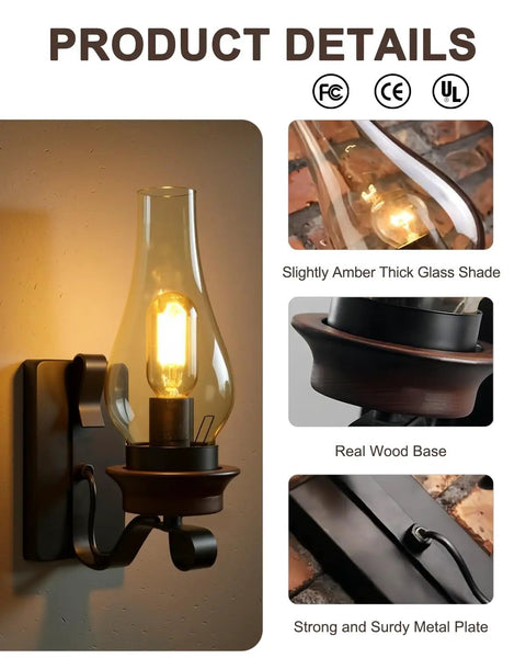 Rustic Farmhouse Wall Sconce Lighting Kit With Vintage Lantern Glass, Cozy Up Your Cabin, Bedroom, Living Room, Hallway And Fireplace, Industrial Matte Black Finish, Set Of 2