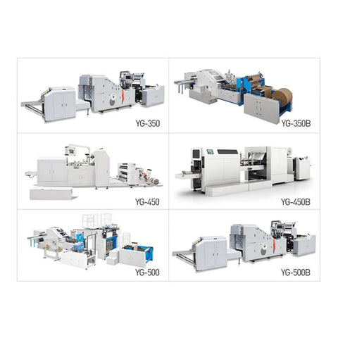 Various models of Automatic Paper Tote Bag Making Machine For Shopping Bags displayed in a grid format, showcasing equipment design.
