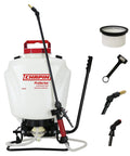 4 Gallon ProSeries Diaphragm Backpack Sprayer for fertilizers, herbicides, and pesticides with attachments and filtration components.