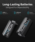Knockout Long Lasting Cr2 3V Lithium Batteries For Nest Thermostats Golf Rangefinders Instax Cameras Non Rechargeable Leak Proof Heavy Duty Cell 1000Mah Bad Boy Power Source close up of two black 1000mAh lithium batteries on a dark background.
