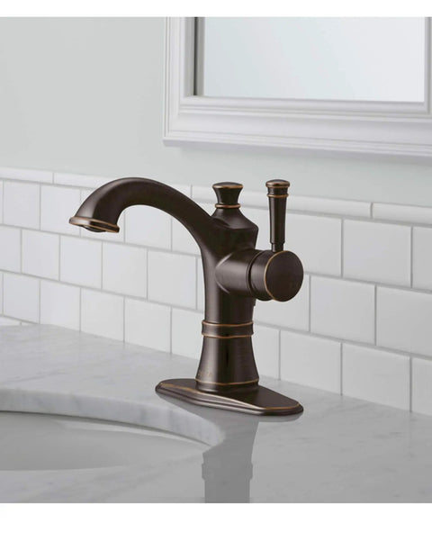Valdosta Venetian Bronze 1 Handle 4 Inch Centerset WaterSense Bathroom Faucet With High Arc Spout ADA Compliant on sink