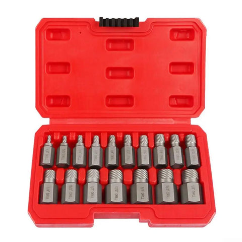 Open red case displaying Beefy 17 Piece Screw Extractor Set With Hex Head Remover Tools For Damaged Broken Stripped Screws, Metal Construction