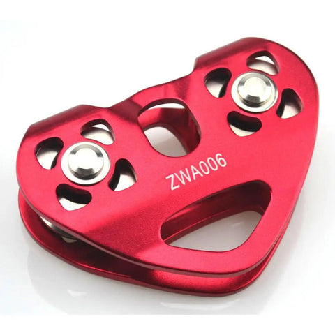 Red heavy duty zip line trolley pulley with bearings and stainless steel sheaves for mountaineering and rock climbing