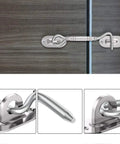 Close-up of Hook and Eye Latch for Gate Cabinet Door Window Stainless Steel Lock on wooden surface.