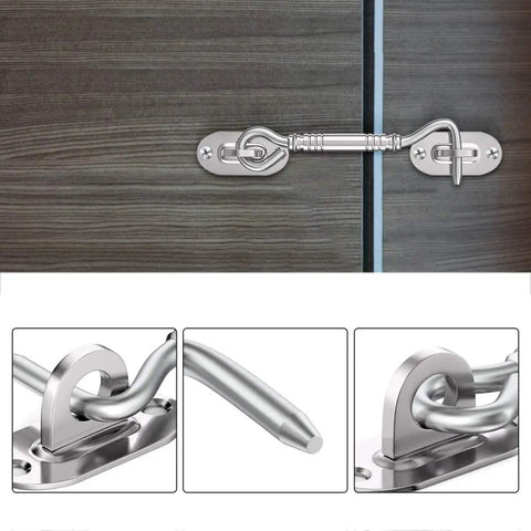Close-up of Hook and Eye Latch for Gate Cabinet Door Window Stainless Steel Lock on wooden surface.