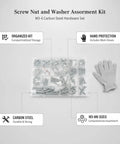 M3 To M6 Carbon Steel Screw Nut And Washer All In One Kit with storage box and work gloves for furniture assembly and DIY projects.