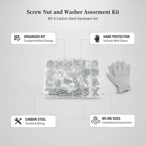 M3 To M6 Carbon Steel Screw Nut And Washer All In One Kit with storage box and work gloves for furniture assembly and DIY projects.