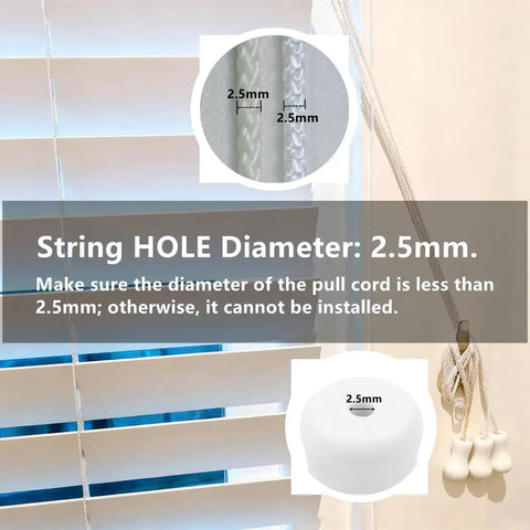White Plastic Cord Tassel Knob Drops Pack Of 20 For Window Blinds And Roman Shades Easy DIY End Caps For Curtain Drawstrings Tassels Snow White Color One Inch By Five Eighths Inch Fits Two Point Five Millimeter DIY Curtain Craft Projects. Close-up of white plastic cord tassel knobs with 2.5mm hole for blinds and shades