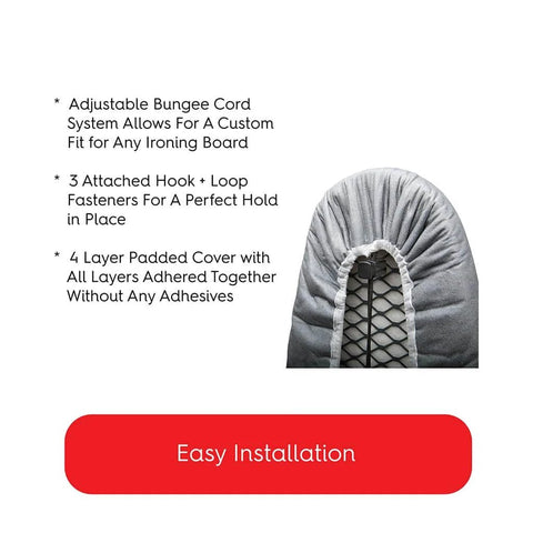 Close-up of Premium Ironing Board Cover 19 X 49 Inches Made In Italy With Heat Reflective Silicone Pads, showing bungee and padding.