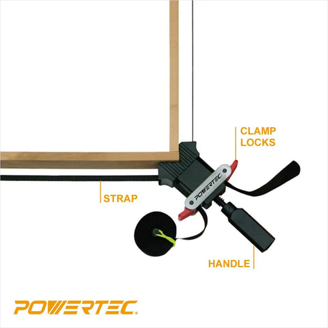 Top Shelf Flexible Strap Clamps Featuring Slick Quick Release Levers For Heavy Duty Woodworking And Custom Cabinetry with handle and strap.