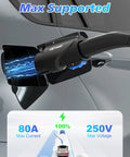 Portable Nacs To J1772 Charging Adapter With 80 Amp 250 Volt Rating plugged into an electric vehicle charging port.
