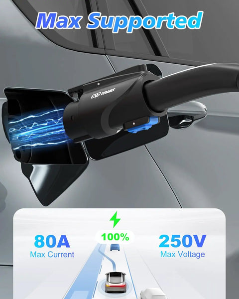 Portable Nacs To J1772 Charging Adapter With 80 Amp 250 Volt Rating plugged into an electric vehicle charging port.
