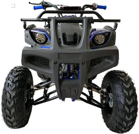 Front view of Beefy 200cc Full Size ATV Quad for Adults and Youth with LED Lights and rugged tires, automatic transmission with reverse.