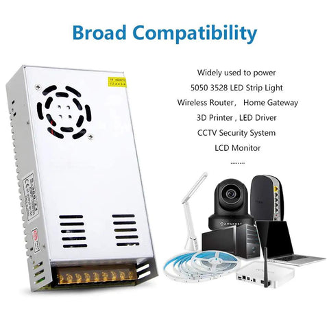 Versatile 24V DC Power Supply 360W 15A With Three Output Channels For LED Strips, 3D Printers, CCTV And Security Systems, LCD Monitors, 110V 220V AC Input, Adjustable Output From 21 To 26 Volts with compatible devices