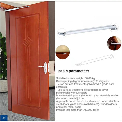 Spring Door Closer With Aluminum Alloy Body, Smooth Soft Close, Adjustable 90 Degree Stop on wooden door detail and specifications