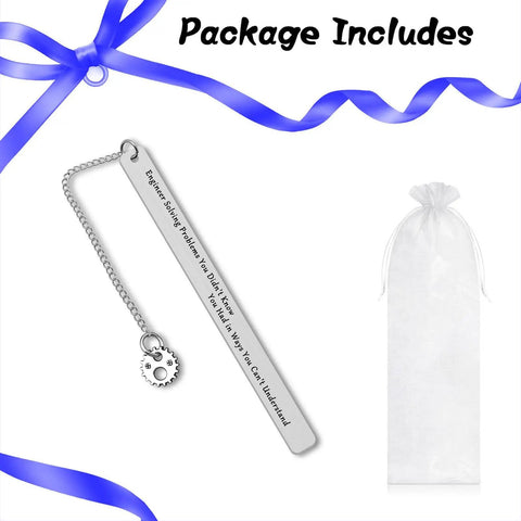 Funny Engineer Gift For Mechanical And Design Engineers, stainless steel bookmark with gear charm and mesh pouch