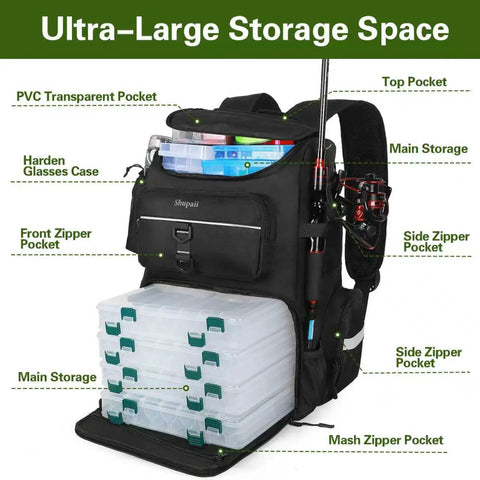 Large Fishing Backpack With Rod Holders, Waterproof 45L Tackle Box Pack showcasing storage features and multiple pockets