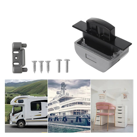 Push Button Cabinet Latch Lock For Yachts And RVs Keyless Cupboard Catch installation kit with screws and usage scenarios