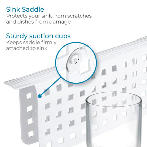 Kitchen Sink Mat Protector 11 By 12 Inches White Open Grid Plastic Sink Mat For Dish Protection In Kitchen Bathroom And Laundry Sinks The Euro Collection with suction cups and grid design next to a glass.