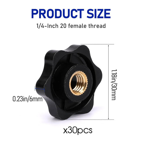 Heavy Duty 30 Pack Of 1/4-20 Six Point Star Knobs With Reinforced Brass Inserts showing a black knob with female thread dimensions.