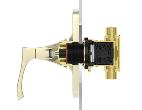 Cutaway view of 0X8-310A PermaBalance Single Control Tub And Shower Rough In Valve Brass With Pressure Balance Cartridge in profile.