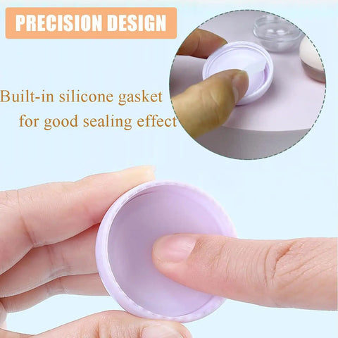 Close-up of hand holding a Five Pack 10ml Travel Containers Set For Creams, Lotions, And Makeup, showing silicone gasket for sealing.