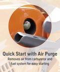 Close-up of gas powered chainsaw with 38cc 2 HP 2 cycle X Torq engine, showing air purge for easy start mechanism.